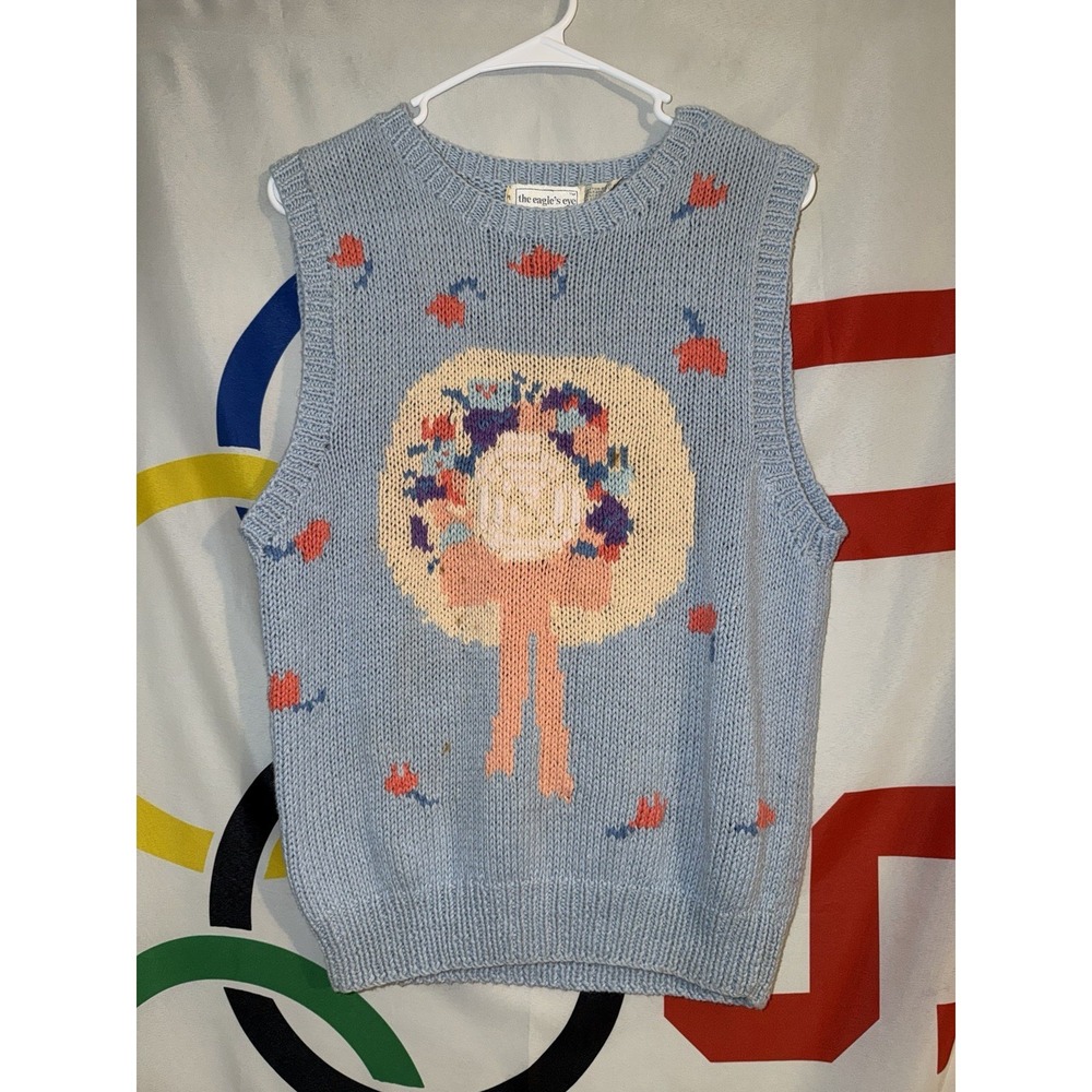 Vintage Eagle's Eye Sweater Vest Womens Medium Hand Knit 90s Wreath Floral